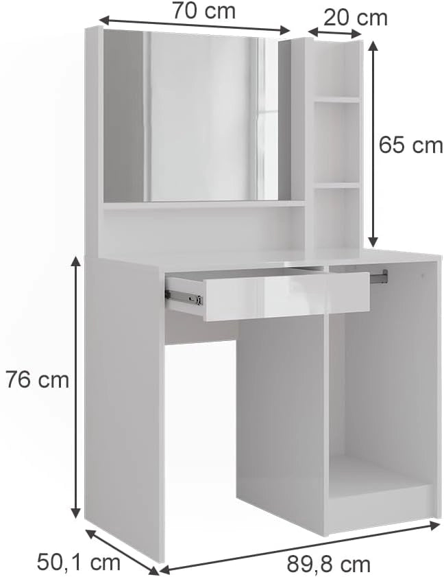 Tavolo da toeletta Sherry, Bianco/bianco lucido, 89.8 cm 3 parti, con grande specchio per la routine cosmetica quotidiana