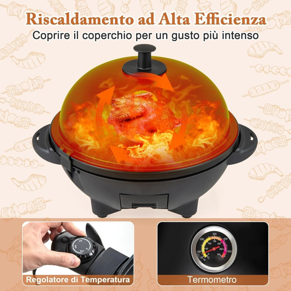 2 in 1 Barbecue Elettrico 1200W in Aluminio con Coperchio a Termometro, Barbecue da Tavolo con Mensola e Piedistalli, Griglia con Piastra Antiaderente per Interni ed Esterni, 63 x 63 x 100 cm