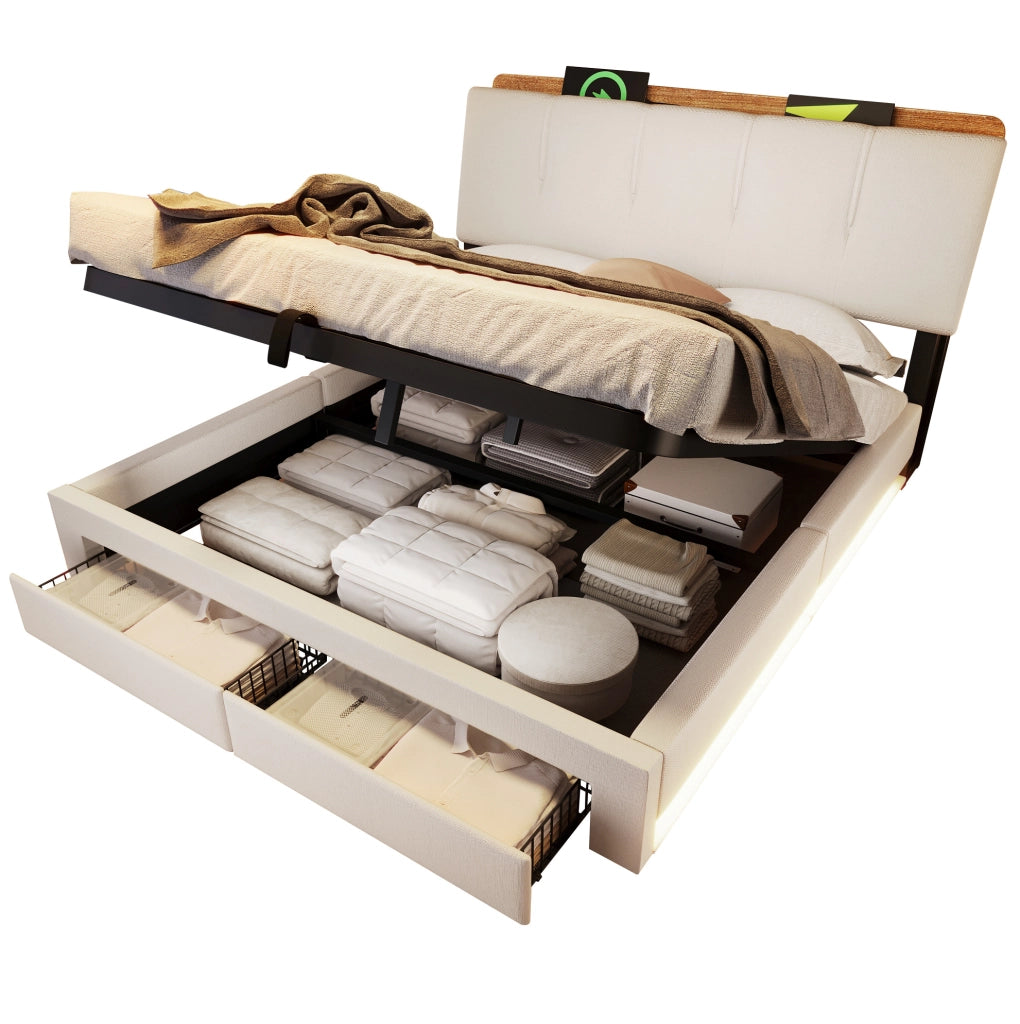 Letto contenitore 140x200 cm; con USB e LED; lino beige (Senza materasso)