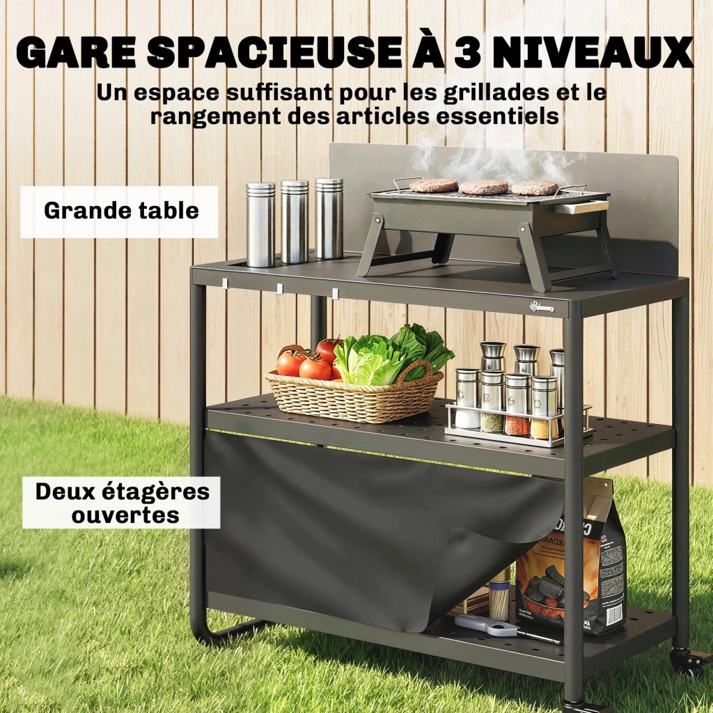 Carrello Barbecue Mobile 3 Livelli con Paravento ¨C zephmum ¨C 100x46x110cm Nero