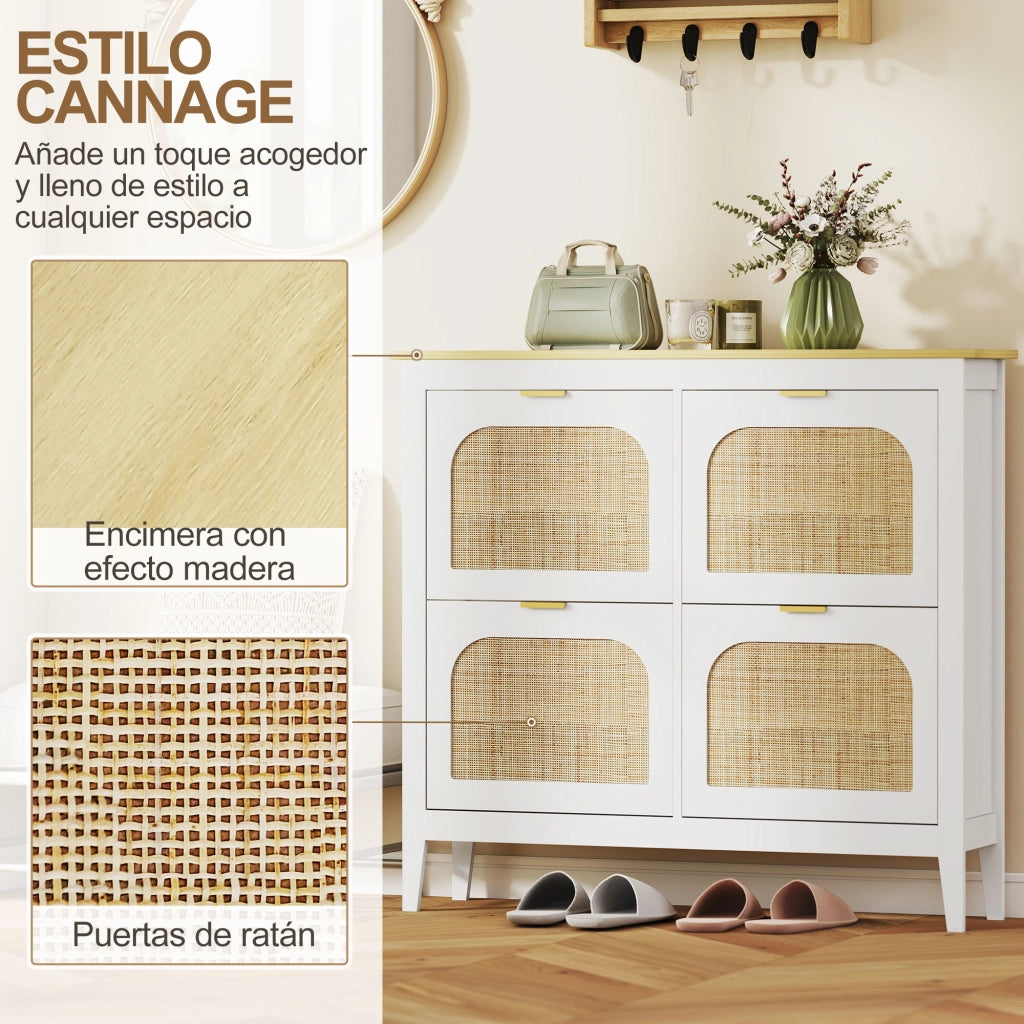 Mobile per Scarpe con 4 Ante in Rattan e Ripiani Regolabili ¨C Zephmum ¨C Bianco 105x24x95,5 cm
