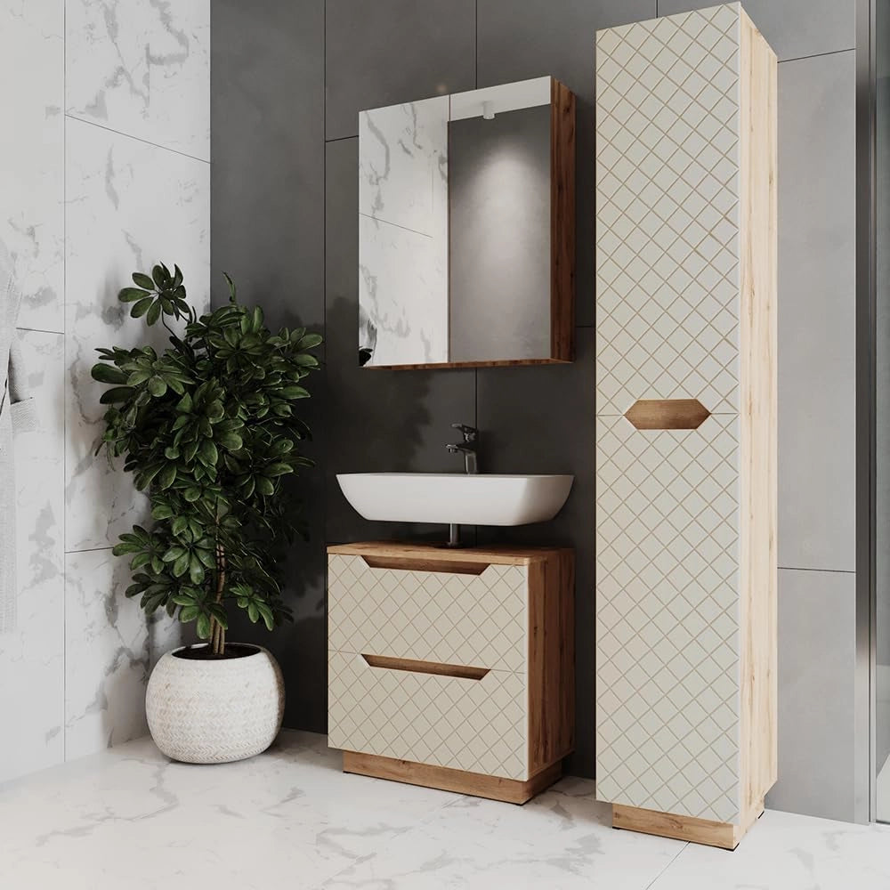 Set di mobili da bagno Lotta, Cachemire, 59.8 cm, composto da mobile sottolavabo, specchiera e colonna alta