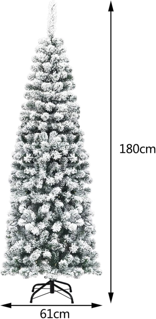 Albero di Natale Slim 135/180/225 cm, Albero di Natale Innevato con 150/250/350 Luci LED, 242/500/641 Rami e Base di Metallo, Decorazione Natalizia per Casa e Negozio (180 CM)
