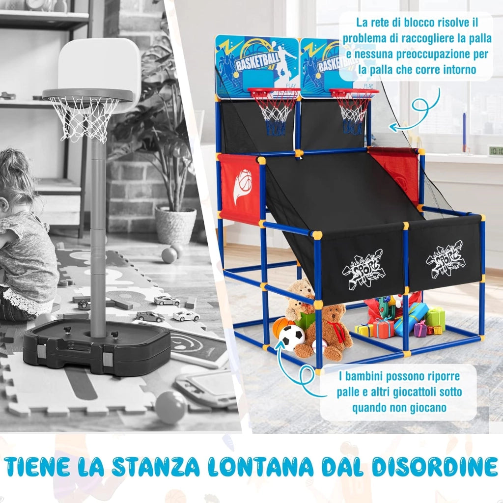 Canestro Basket da Camera per Bambini, Gioco Pallacanestro a Doppio Tiro con 4 Palline e Pompa di Gonfiaggio, Ideale per Sala Giochi e Cortile e Cameretta, 90 x 90 x 140 cm