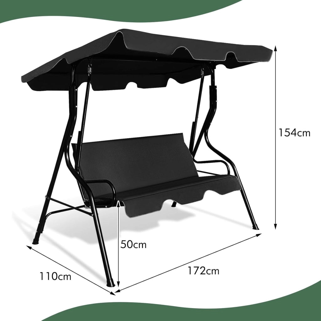 Dondolo da Giardino 3 Posti con Tettuccio Regolabile, Cuscino Removibile, Sedia Sospesso con Struttura in Metallo, Portata 225 kg, 172 x 110 x 154 cm (Nero)