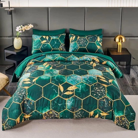 Set di lenzuola 3D a marmo, 135 x 200 cm, 2 pezzi, oro verde, marmo geometrico, lenzuola di lusso, 100% microfibra, set di lenzuola, coperta morbida con cerniera e cuscino 80 x