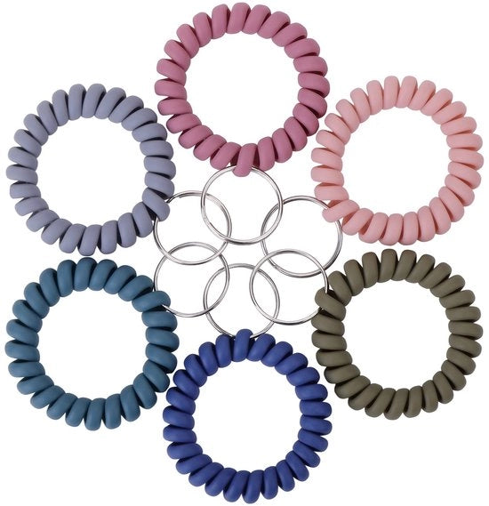 Hanger per chiavi in plastica - 6x Hanger per chiavi retrattili - Impermeabile - Grigio/Erbetta/Lilla chiaro - 5,5x18x2,5 cm - Nastro di fissaggio
