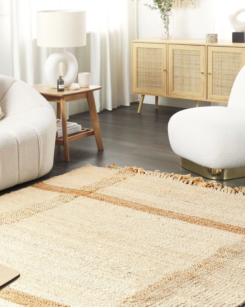 Tappeto in juta beige 160 x 230 cm con nappe motivo geometrico intrecciato a mano stile bohémien per soggiorno camera da letto