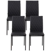 Set 4 Sedie da Pranzo in Finta Pelle con Cuciture a Rombi e Gambe in Metallo, Nero