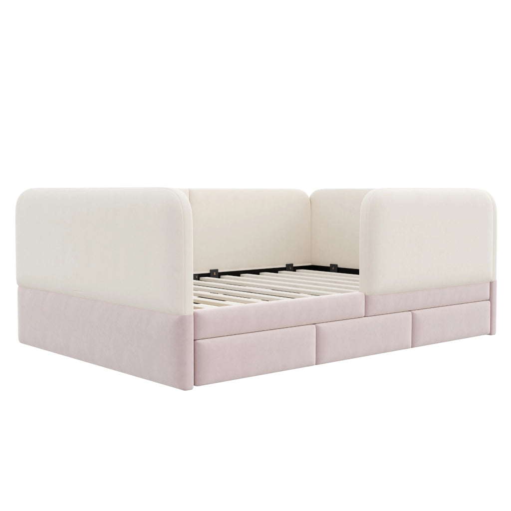 Letto imbottito per bambini 140x200 cm con parapetto perimetrale; bordi arrotondati e ampio cassetto; velluto rosa