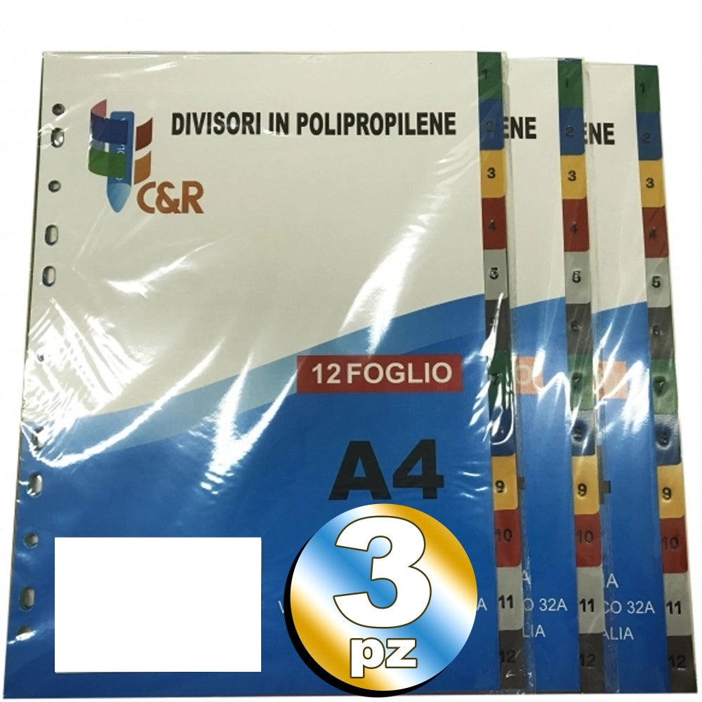 Trade Shop - 3 Divisori Per Forati In 12 Parti Ciascuno Crea Sezioni Per Schedario Anelli A4 -