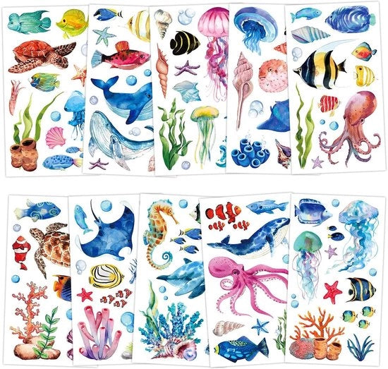 Tatuaggi Temporanei - 20 Fogli Animali Marini - Stickers per Tatuaggi per Bambini - Tema Mare - Festa di Compleanno - Regali per Ospiti