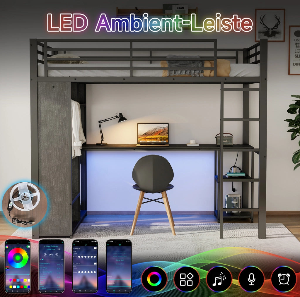 Letto a soppalco 90x200 cm in metallo e MDF nero con scrivania; LED e scaffali