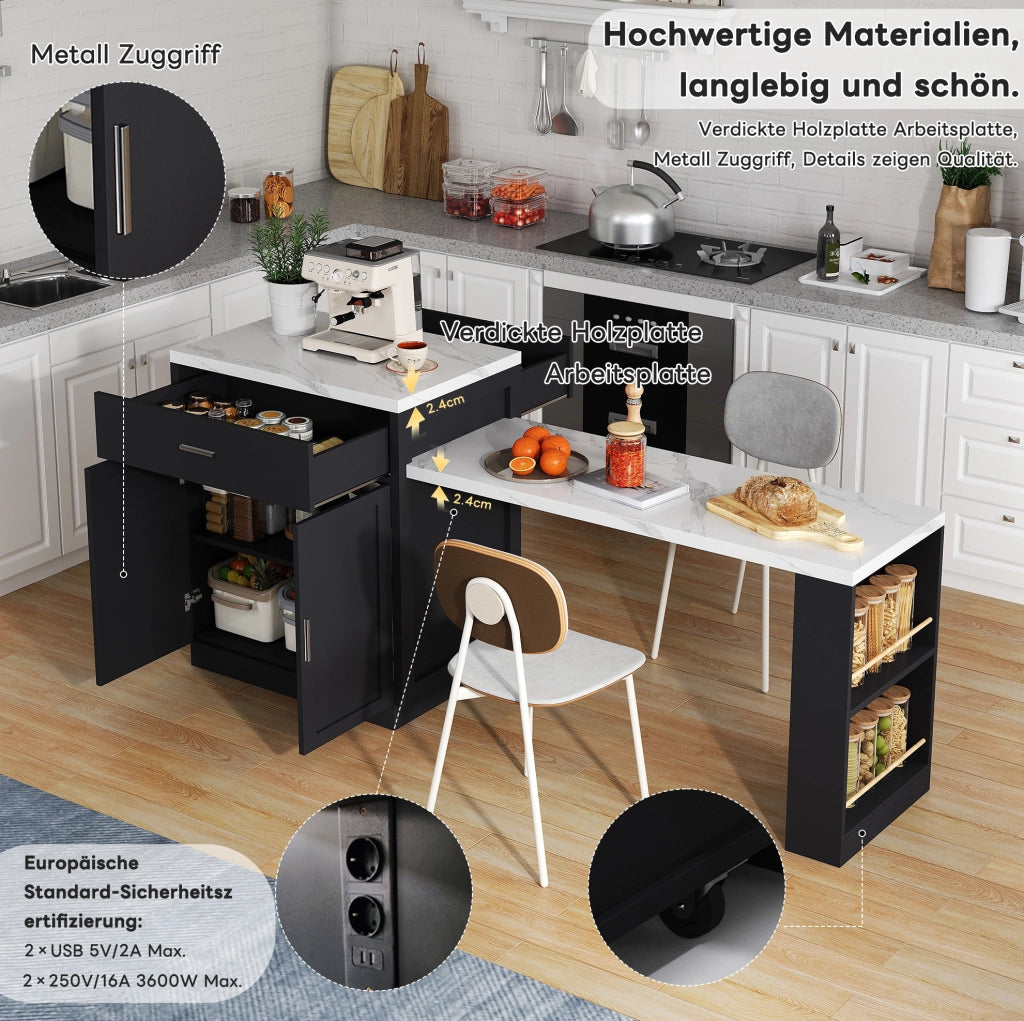 Isola cucina con tavolo estraibile, prese USB e vano contenitore