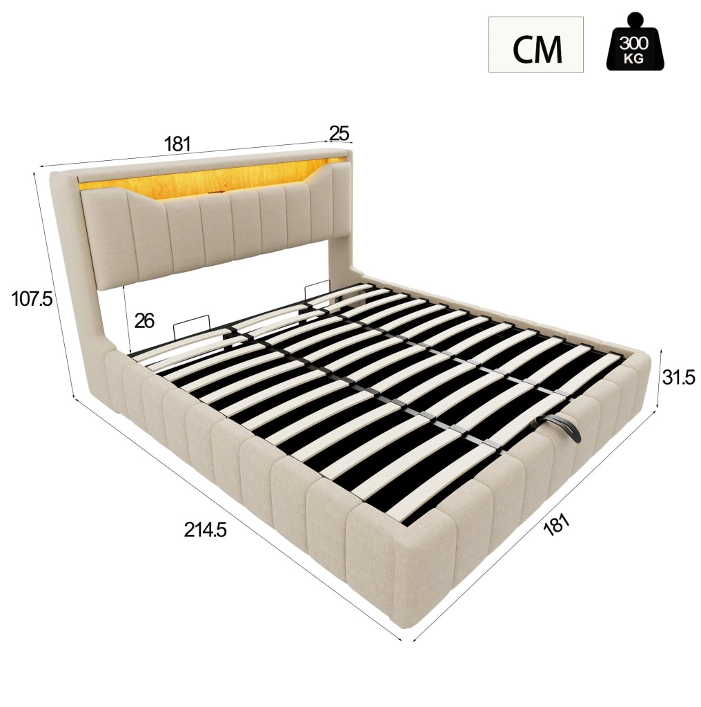 Letto matrimoniale contenitore 214.5x181x107.5 cm con sistema idraulico; LED e testiera contenitore in tessuto beige