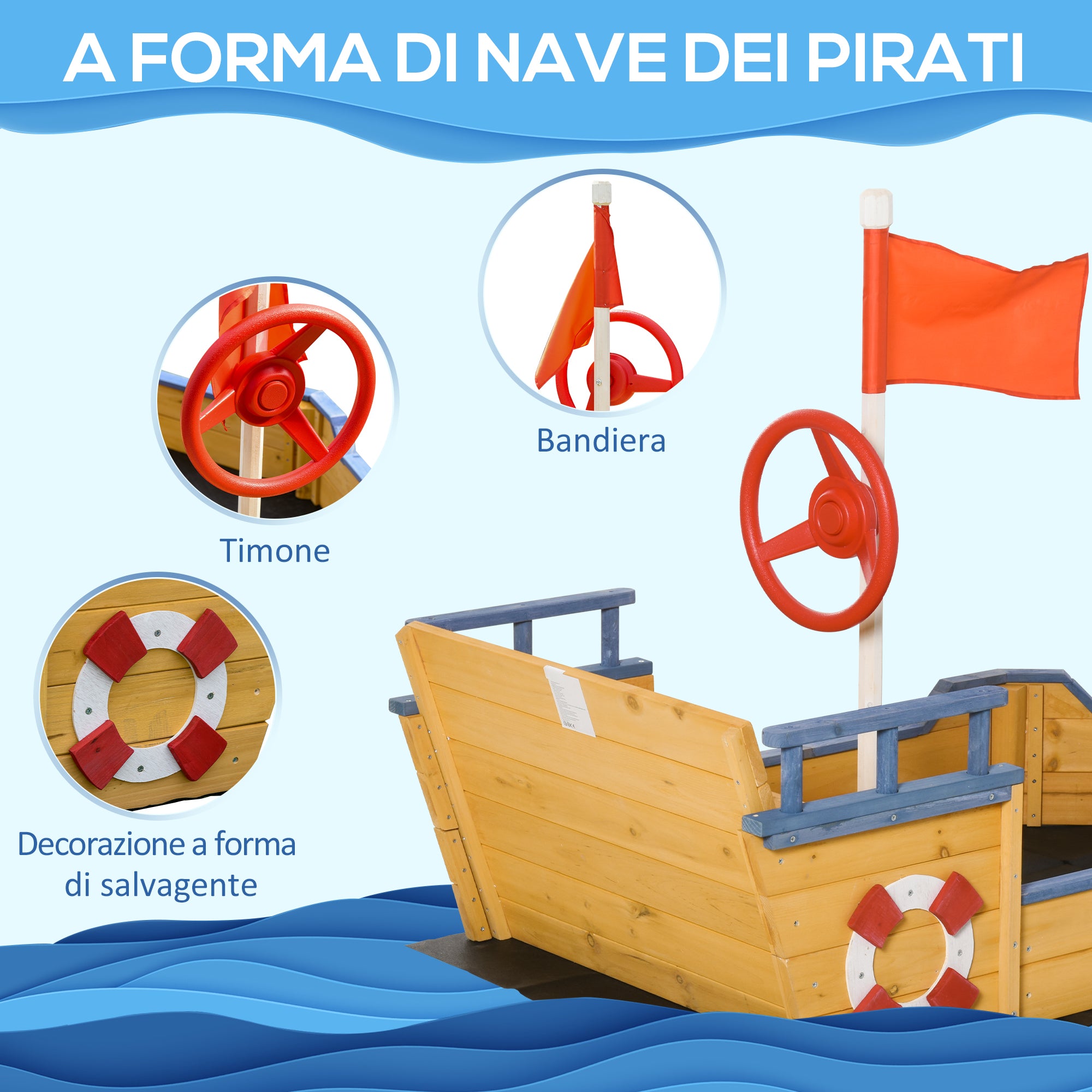 Easycomfort Sabbiera per Bambini in Legno a Forma di Nave dei Pirati con Vano Contenitore, 158x78x45.5 cm