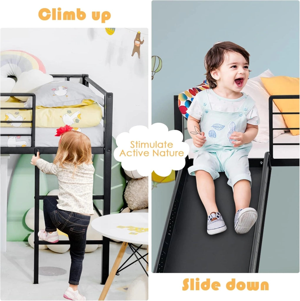 Letto a Soppalco per Bambini con Scivolo E Protezione Anticaduta e Scaletta, Struttura Letto in Metallo 96x198x109cm, Letto a Castello con Rete a Doghe, Fino a 150 kg (Nero)