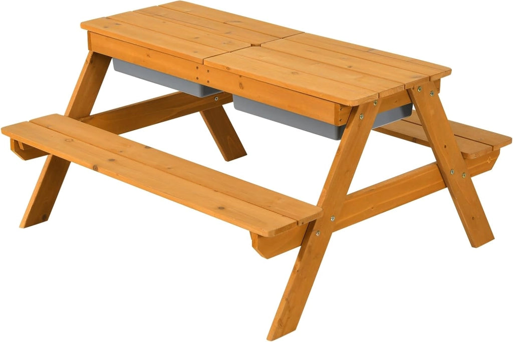 3-in-1 Set Tavolo Picnic per Bambini, con Ombrellone Regolabile e 2 Vaschette da Gioco, Panche per Bambini in Legno di Abete, Giochi Esterno da Giardino e Parco, 187 cm (Verde + Bianco + Blu)