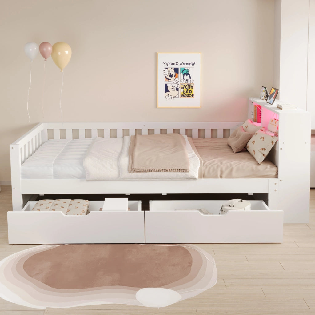 Letto singolo 90×200 cm con cassetti; ripiani; LED; USB; Type-C e sponde di sicurezza; senza materasso; legno; bianco