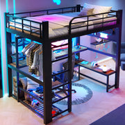 Letto a soppalco 140x200 cm in metallo con scrivania, LED e ripiani
