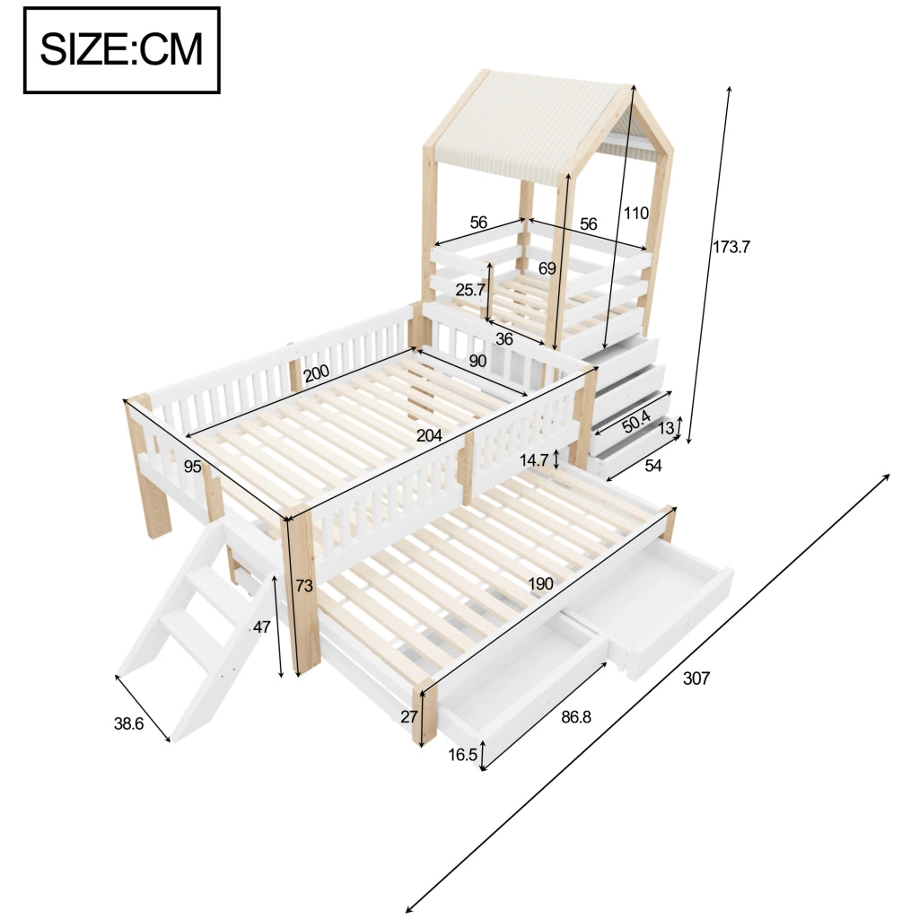 Letto per bambini 90×200 cm e 90×190 cm con letto estraibile; cassetti e scala laterale; senza materasso; bianco e naturale