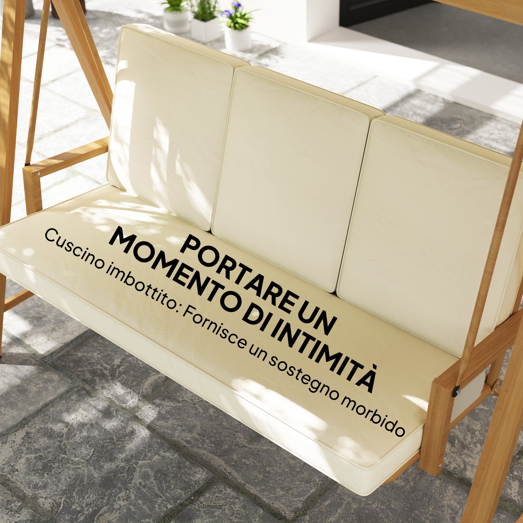 Dondolo da Giardino 3 Posti 195x120x170 cm con Tettuccio Regolabile Beige