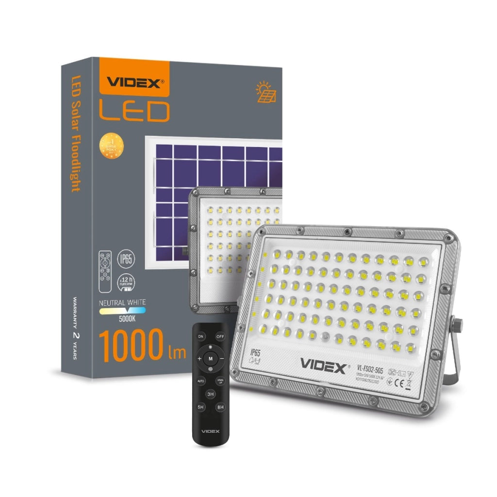 Faretto solare 10W 1000lm 5000K IP65 con telecomando Videx