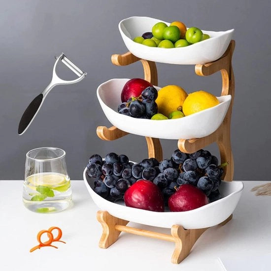 Ceramica a 3 livelli con supporto in legno di bambù - ciotola per frutta in ceramica per conservazione verdure - piatto per snack dessert torta tavola di servizio per banchetti matrimoni