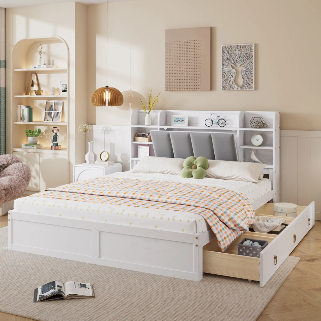 Letto matrimoniale 160 × 200 cm con 3 cassetti, ripiani aperti e vano con anta, senza materasso, bianco e grigio
