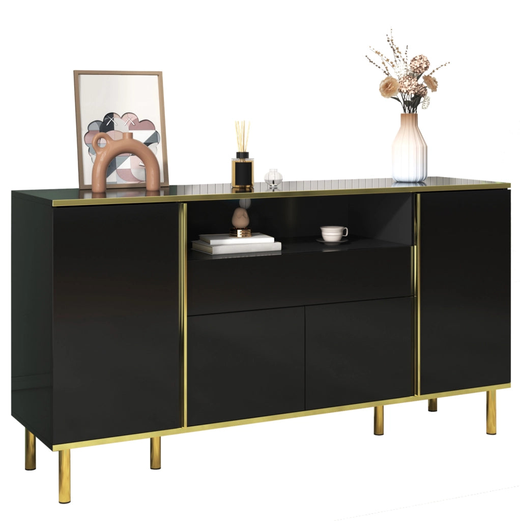 Madia con LED 150x40x80 cm in MDF e truciolare nero lucido con 4 ante e 1 cassetto