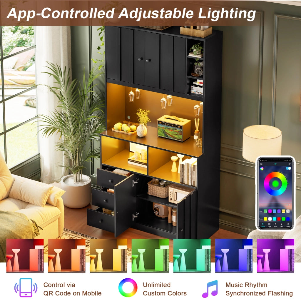 Credenza alta con 3 portabicchieri; prese e LED RGB per cucina e sala da pranzo in MDF nero