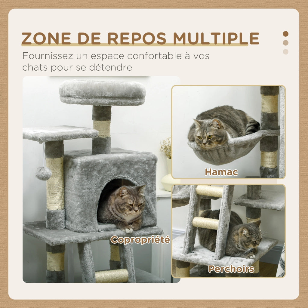 Albero per gatti con grattatoi, nicchie, piattaforme, scala e amaca ¨C zephmum ¨C grigio