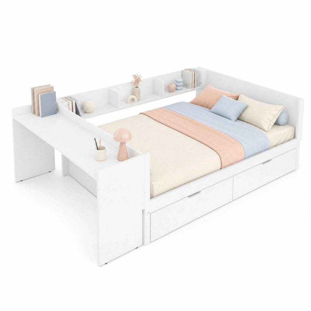 Letto multifunzione 140x200 cm con scrivania, ripiani e 2 cassetti