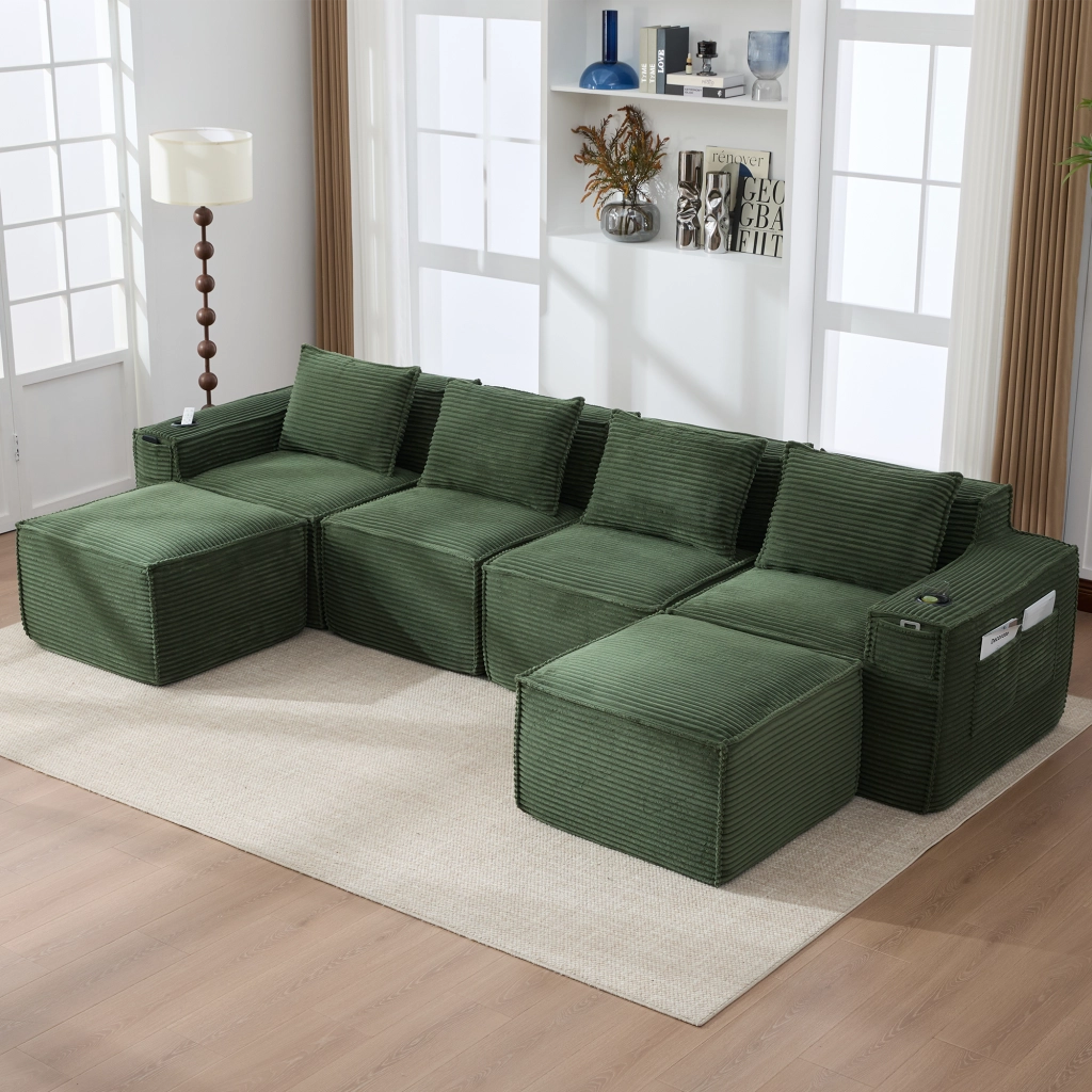 DIVANO modulare 4 posti in corduroy verde con 2 pouf