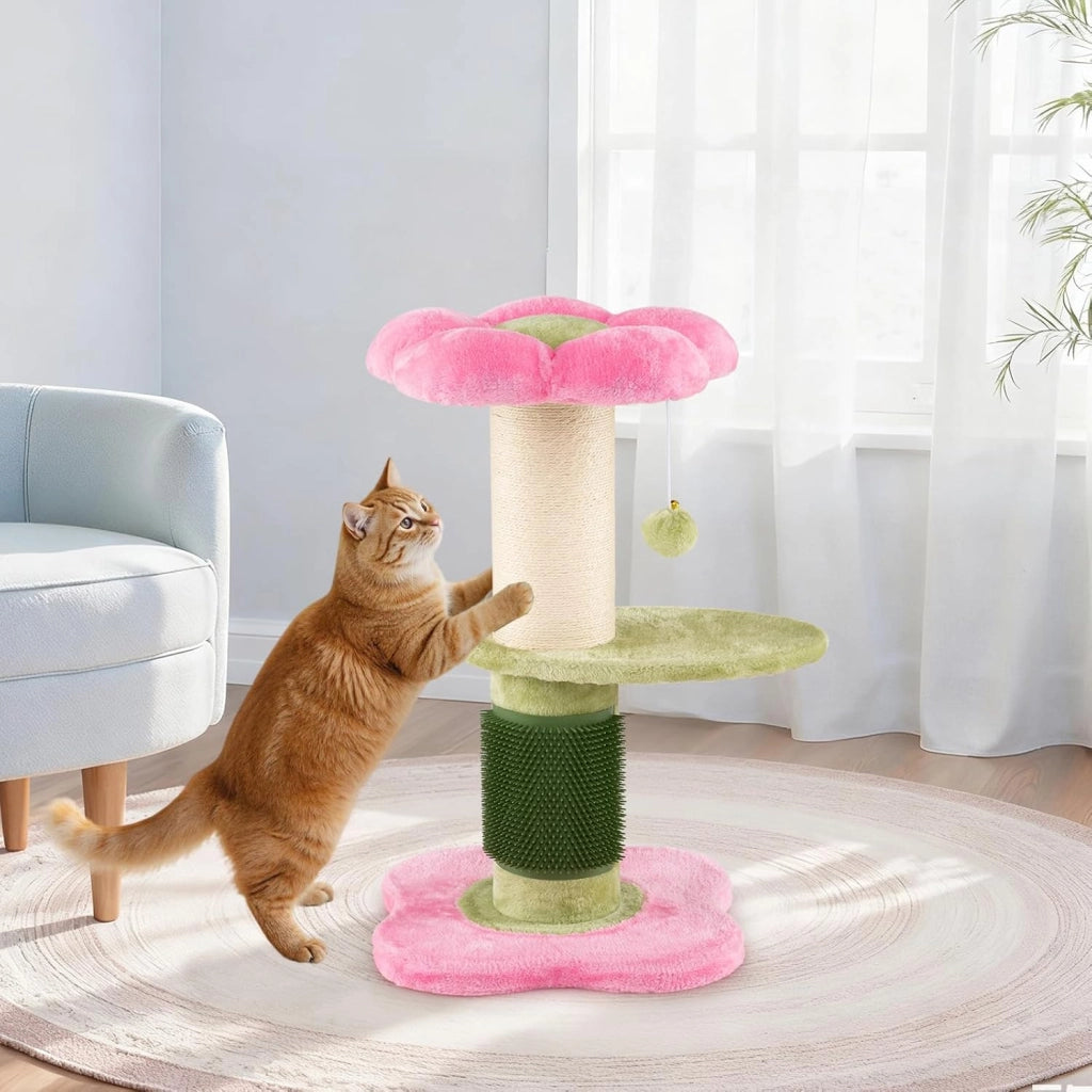 Albero per Gatti da Interno Alto 69 cm, Tiragraffi per Gatti a Forma di Fiore con Piedistallo Imbottito in Pile, Tiragraffi in Sisal e Pallina Appesa, Mobili per Gattini a Più Livelli (Rosa)