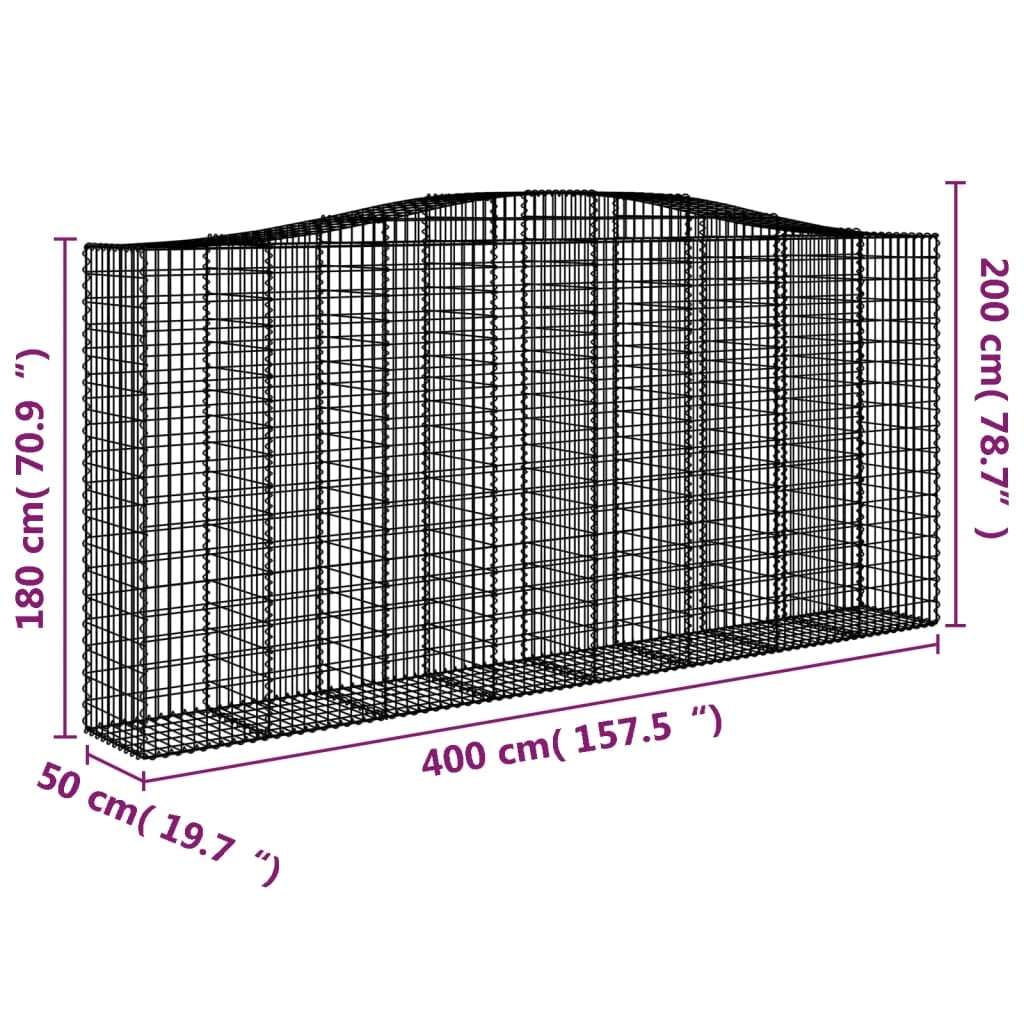 Cesto gabbione recinzione a gabbia muro di contenimento ad arco 400 x 50 x 180/200 cm ferro zincato argento 02_0040093