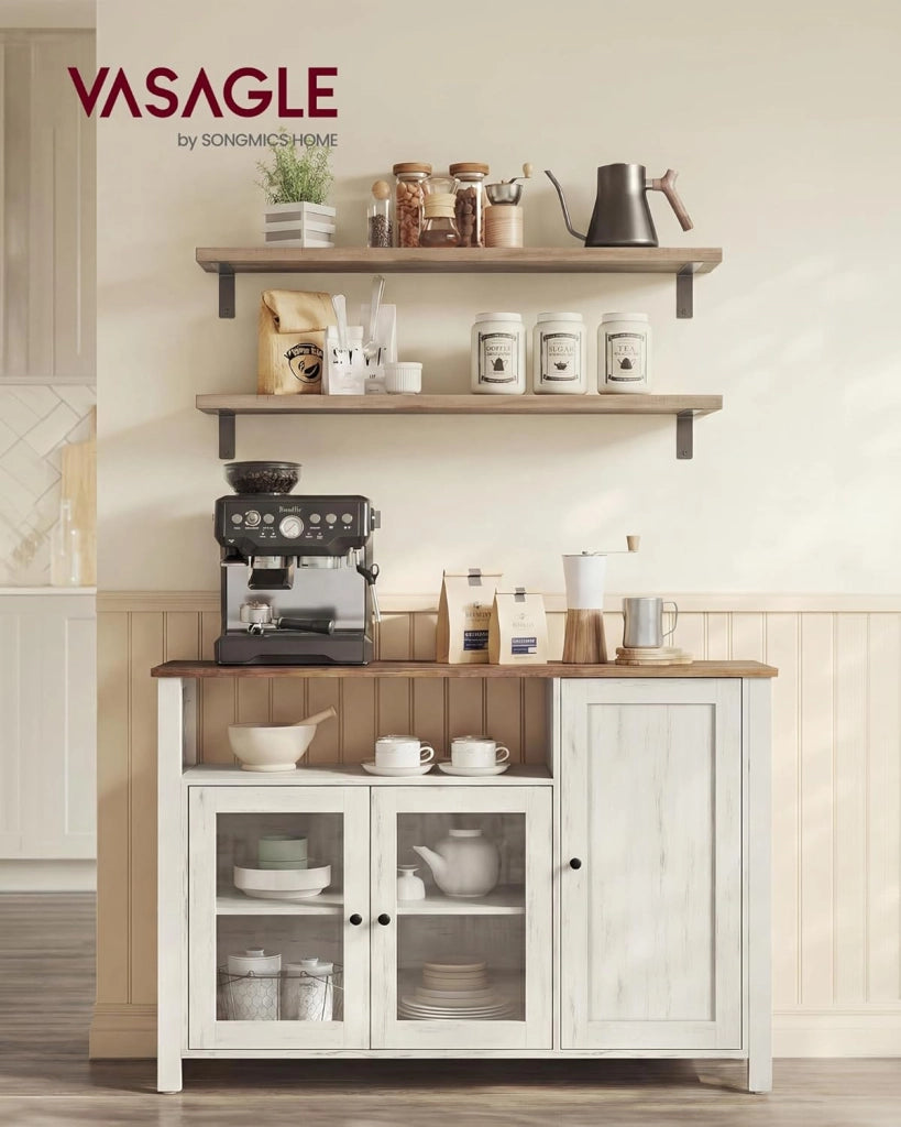 VASAGLE Credenza, Mobile da Cucina, Mobile Contenitore, con 3 Ante, per Soggiorno, Cucina, Sala da Pranzo, 33 x 110 x 75 cm, Stile Country, Marrone Miele e Bianco Vintage LSC096WJ02