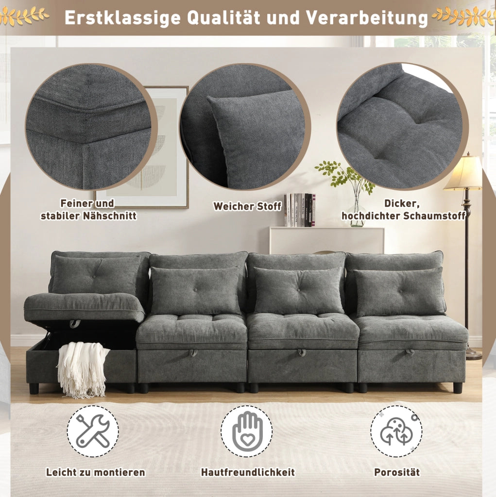 Divano modulare 4 posti con contenitore e funzione letto in ciniglia grigio antico