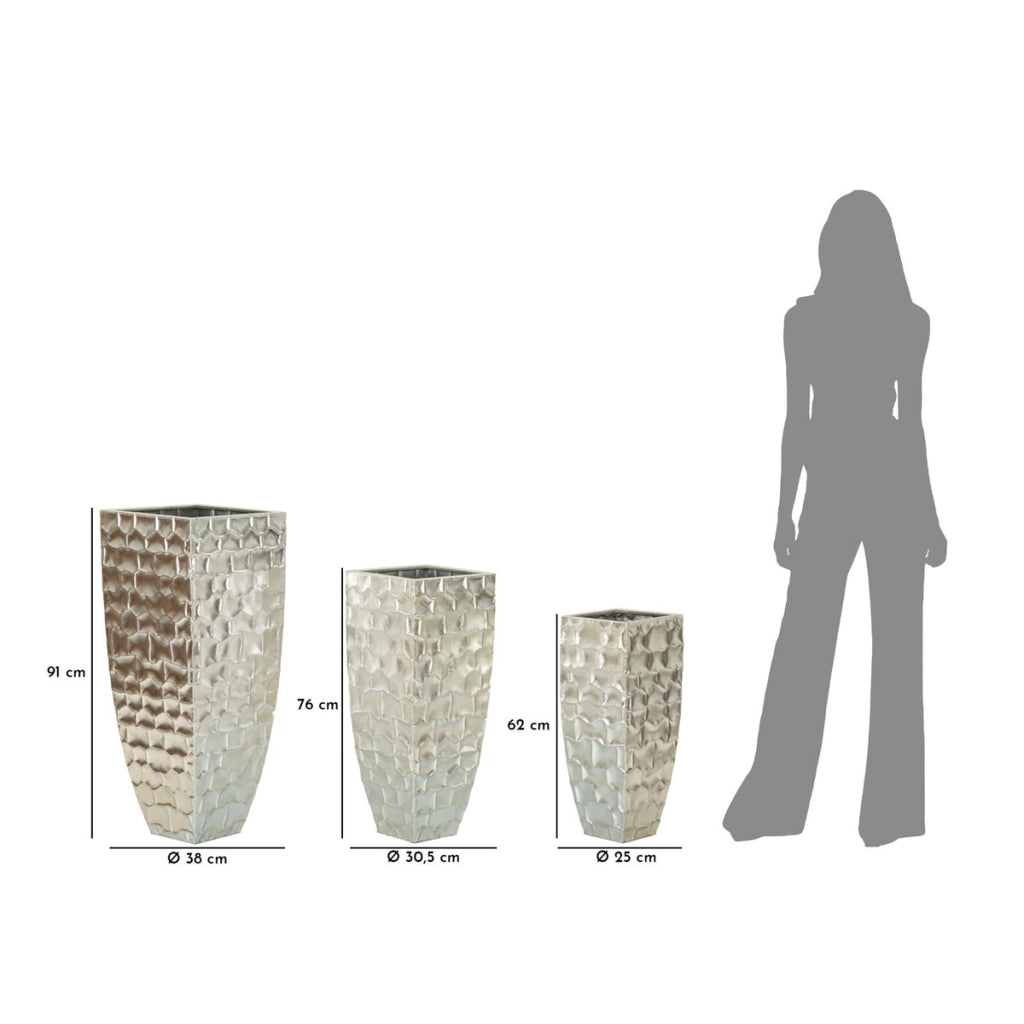 Set di 3 Vasi Decorativi VKH422, Argento, Metallo, 38,1x38,1x90,8 cm
