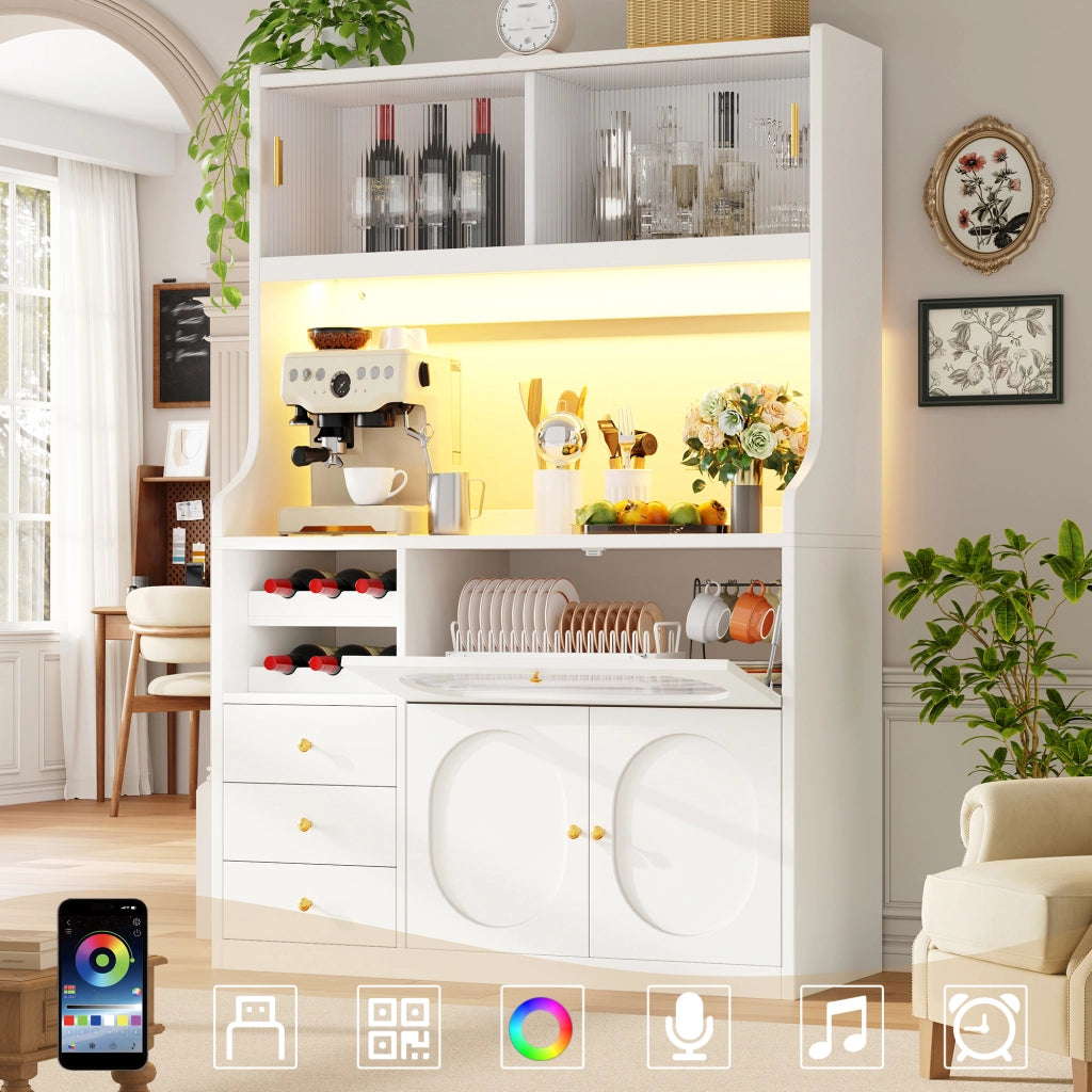 Credenza alta con vetrina, 3 cassetti e ripiani regolabili per cucina, bianco, 120 × 40 × 180 cm