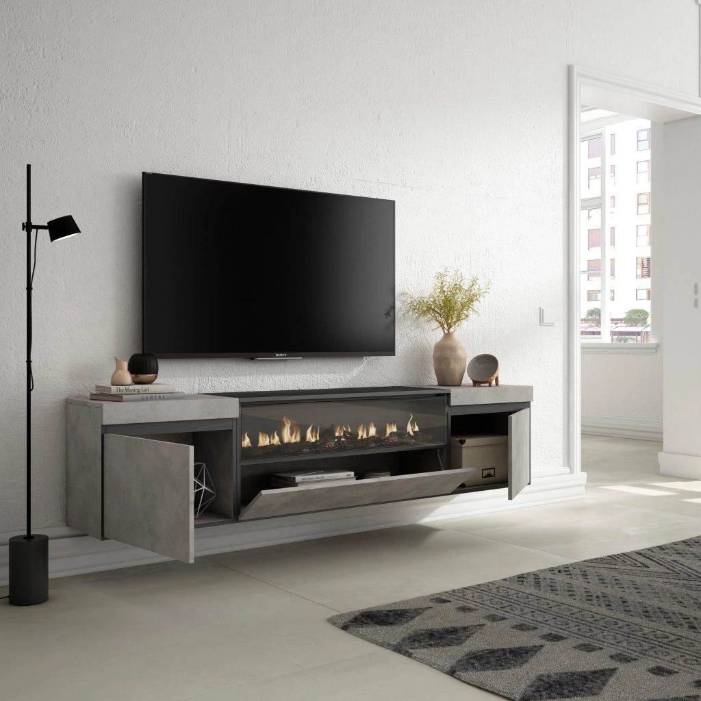 Mobile TV, 200x35x45cm, soggiorno, Per TV fino a 80", Camino elettrico, da appendere, grigio cemento RF2225
