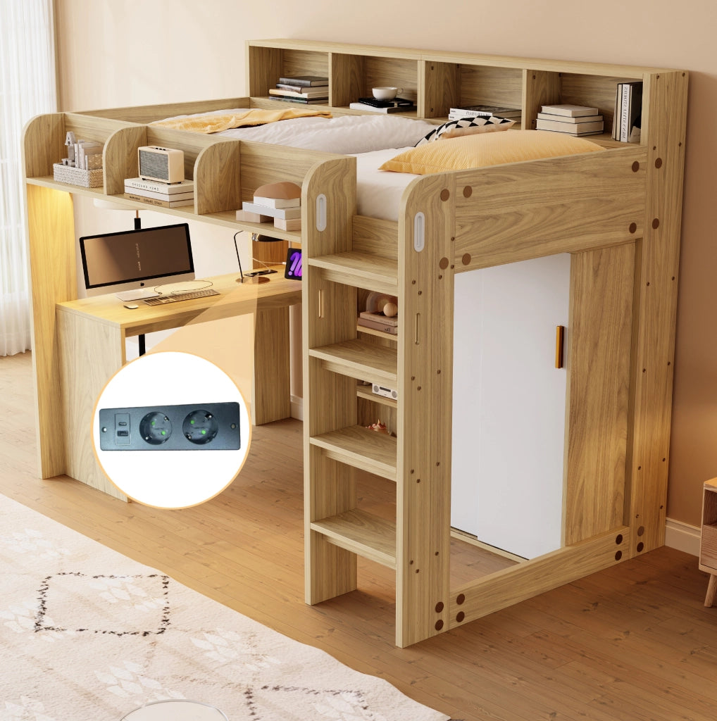 Letto a soppalco ULEVR 90x200 cm con scrivania, armadio, LED e presa integrata, color legno