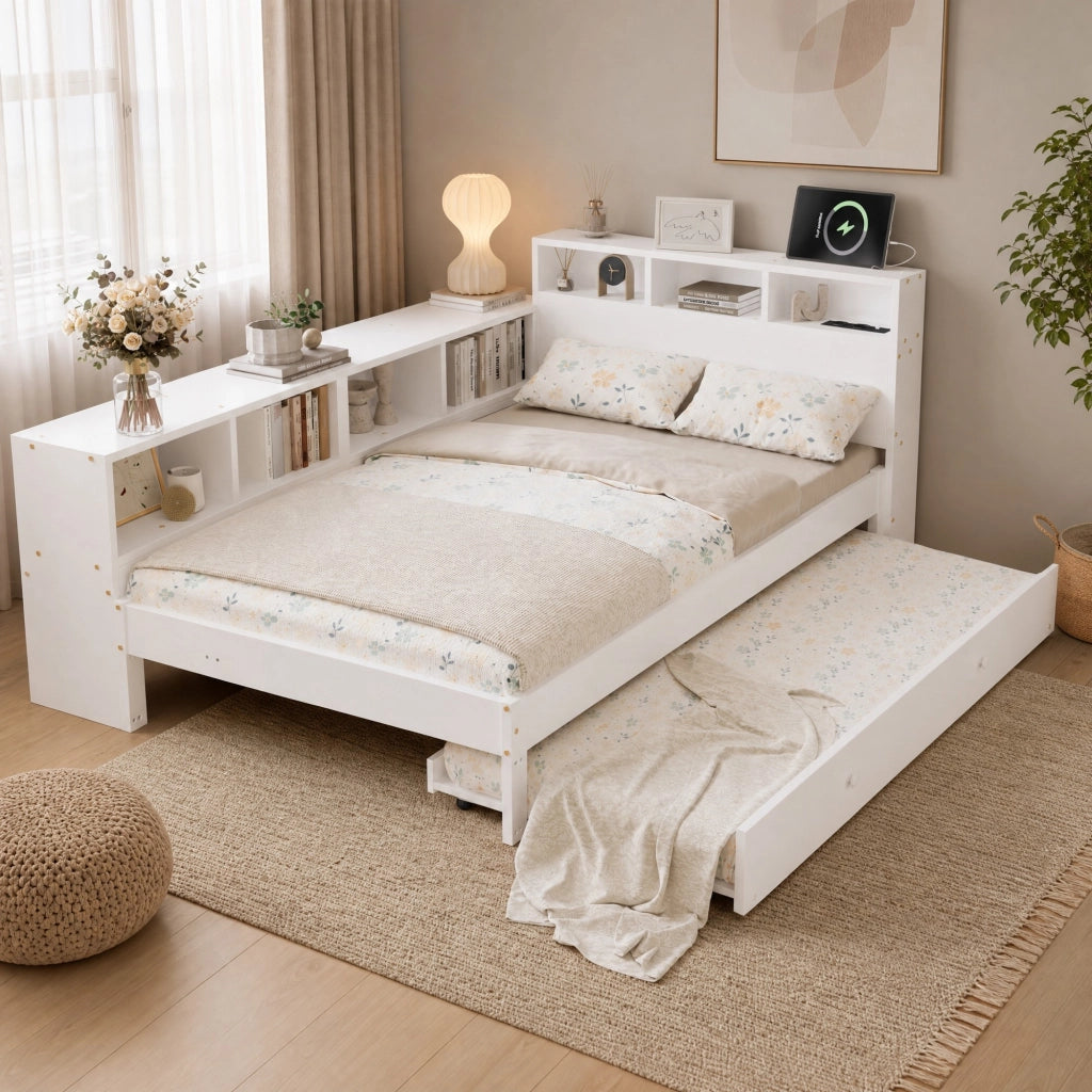 Letto Estraibile 120x200 cm e 90x190 cm - Scaffale Laterale e Ricarica - in Legno - Bianco