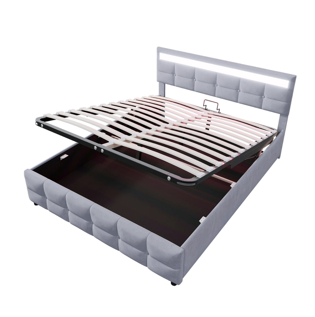Letto imbottito ULEVR 180x200 cm con contenitore idraulico e luci LED, velluto grigio