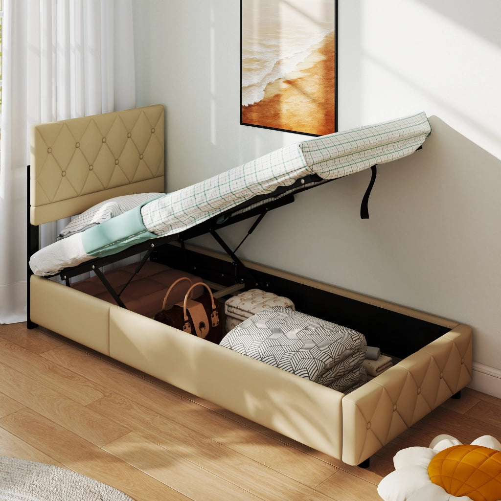 Letto imbottito singolo 90 × 190 cm con rete a doghe in velluto beige, struttura stabile e montaggio facile