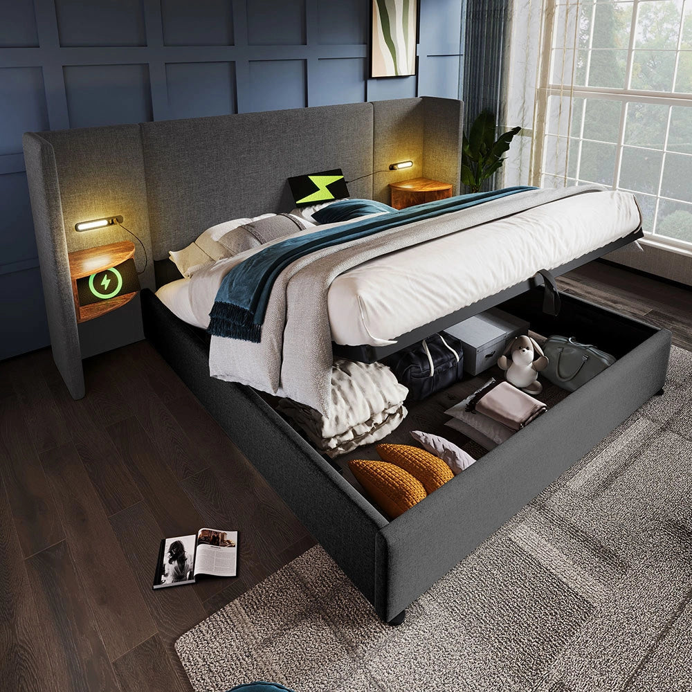 Letto matrimoniale 160x200 cm - Xylo - Grigio con comodini e lampada USB-C