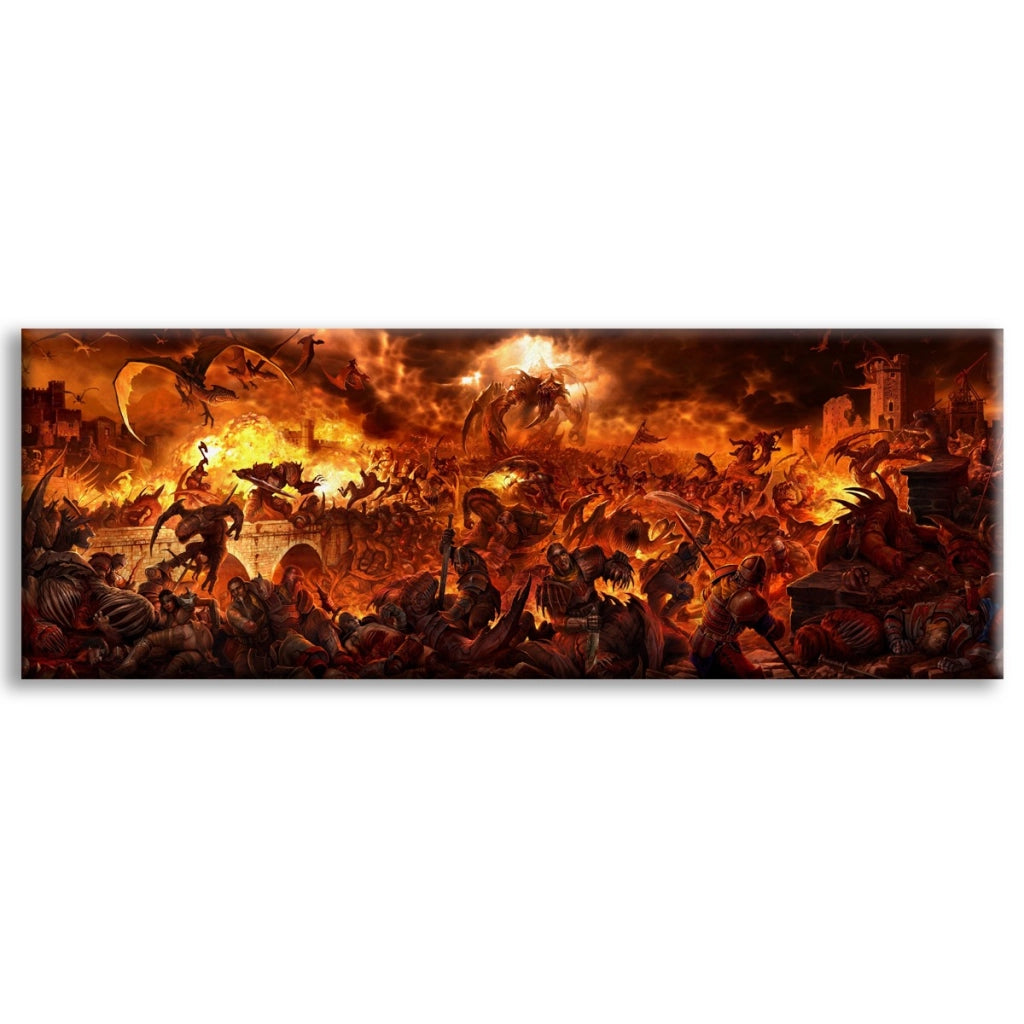 DEMONI, DRAGHI E CAVALIERI - Stampa su Canvas montata su telaio in legno - battaglia infernale Misura: 140x50 cm