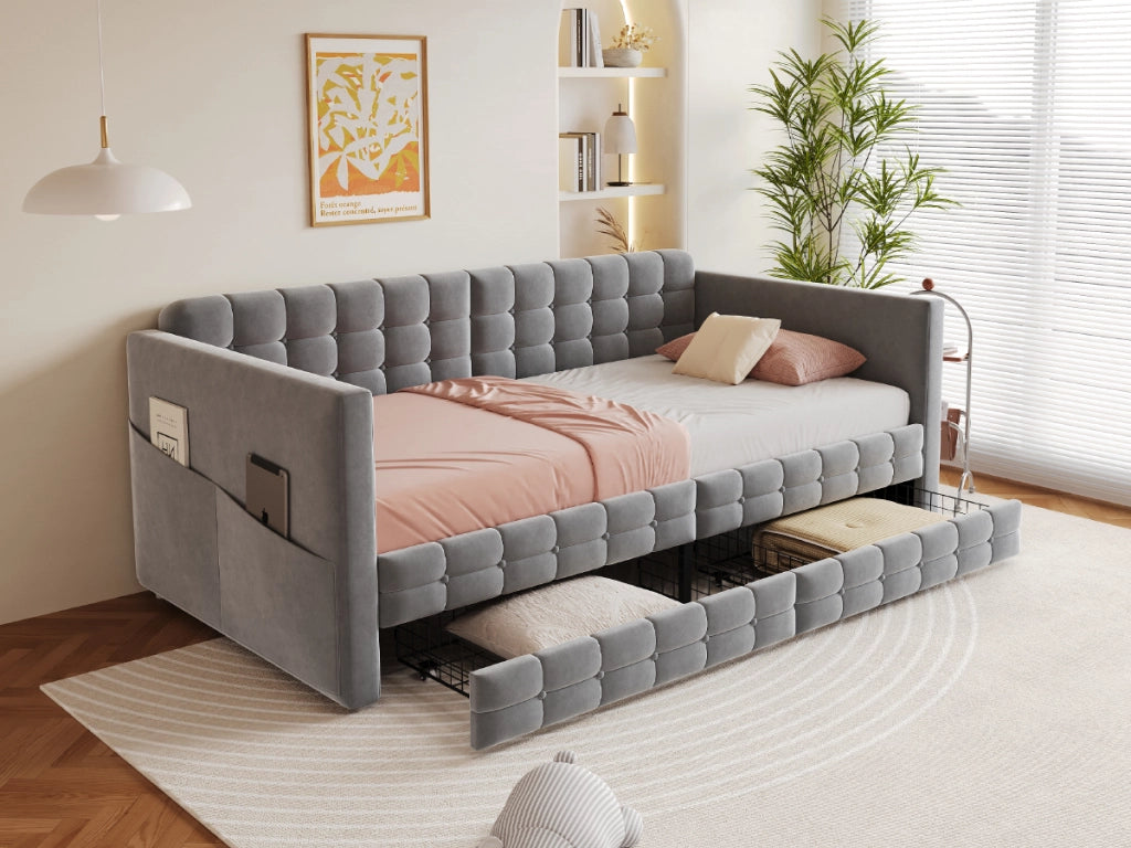 DESMIU Lit simple 90 × 190 cm 1 posto con 2 cassetti, tasche laterali, senza materasso, in velluto, grigio