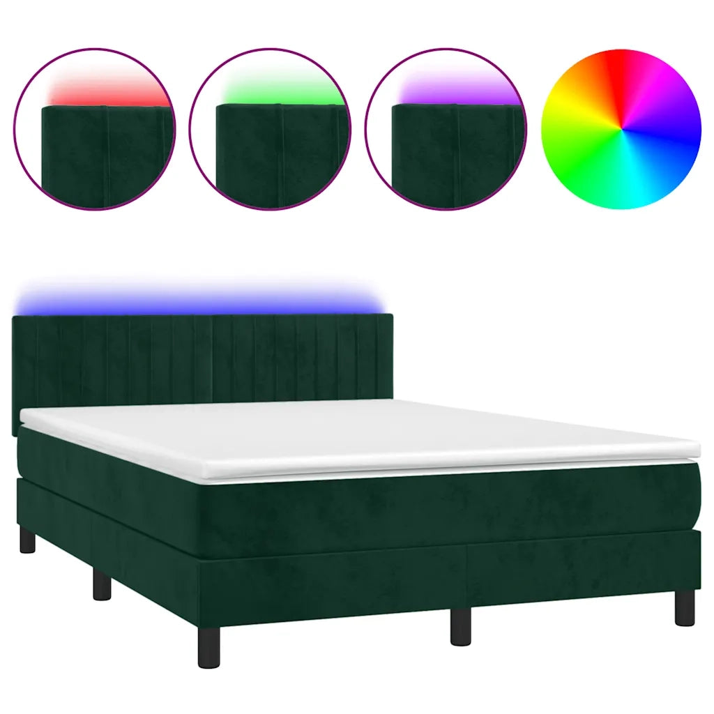 Letto a Molle con Materasso e LED Verde Scuro 140x200cm Velluto