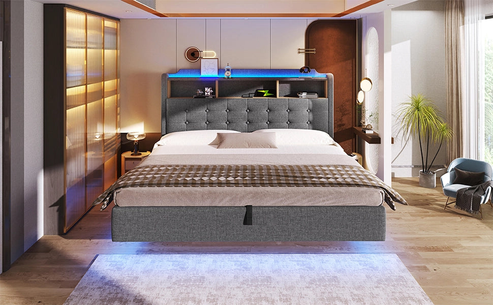 Letto contenitore 180 × 200 cm con LED, USB e Type-C, vano idraulico e scomparto testiera, senza materasso, grigio